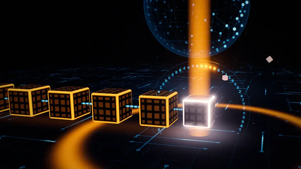 The moment a block is found: a column of light rising from the newest block, a ring of SHA-256 digits starting with zeros, and the peer-to-peer network globe behind