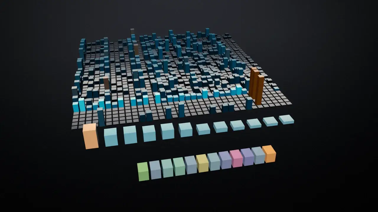 A grid of columns counting letter pairs, with probability bars for the next letter and text written letter by letter in front