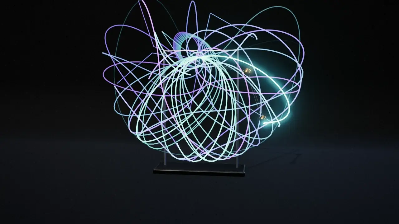 Coloured light trails of pendulums released from the same spot drifting apart around a steel-framed double pendulum