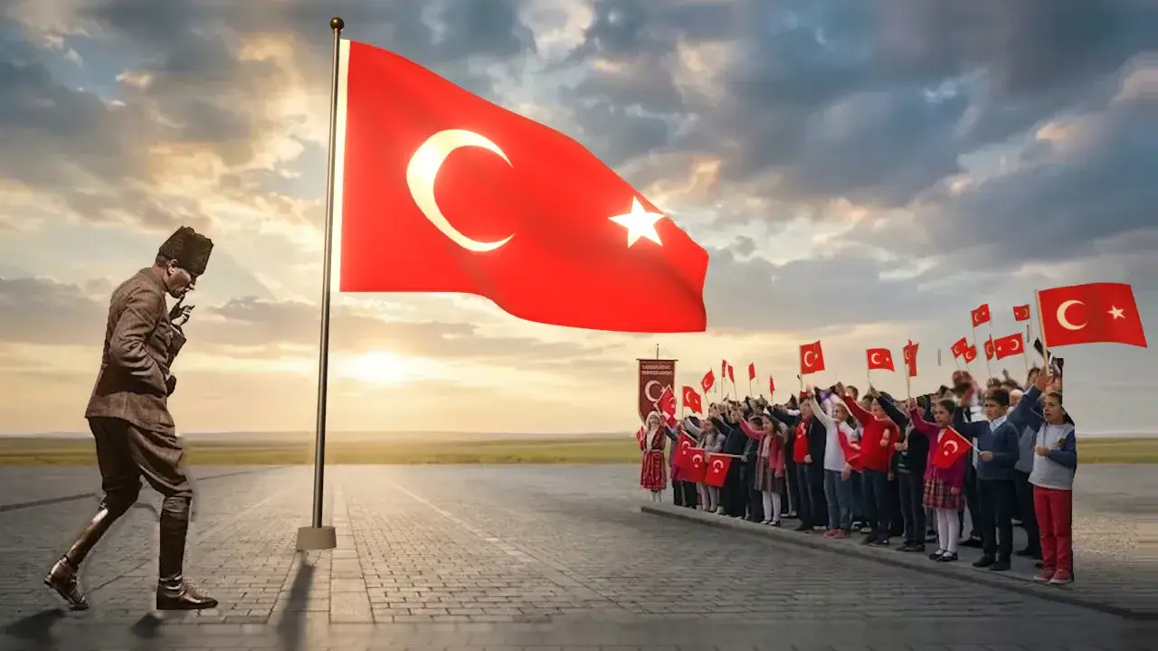 The Atatürk statue walking across a square at sunset, the Turkish flag waving on a tall pole and children waving flags