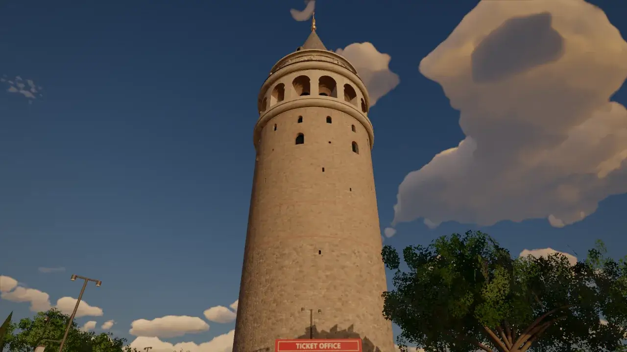 Galata Tower at golden hour: stone shaft, arched gallery, lead cone and golden finial, a sunlit cloud beside it, a tree and the ticket office in front