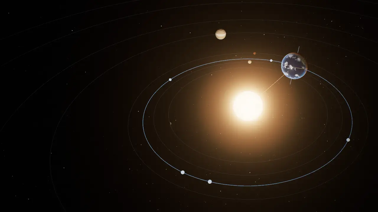 Earth with its tilted axis moving along its orbit around the Sun, with the outer planets