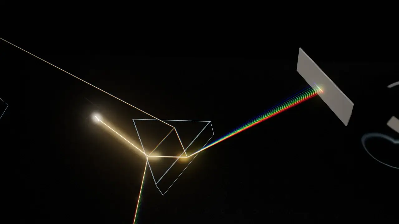 A spectrum fanning out of a prism onto a screen on a dark optical table