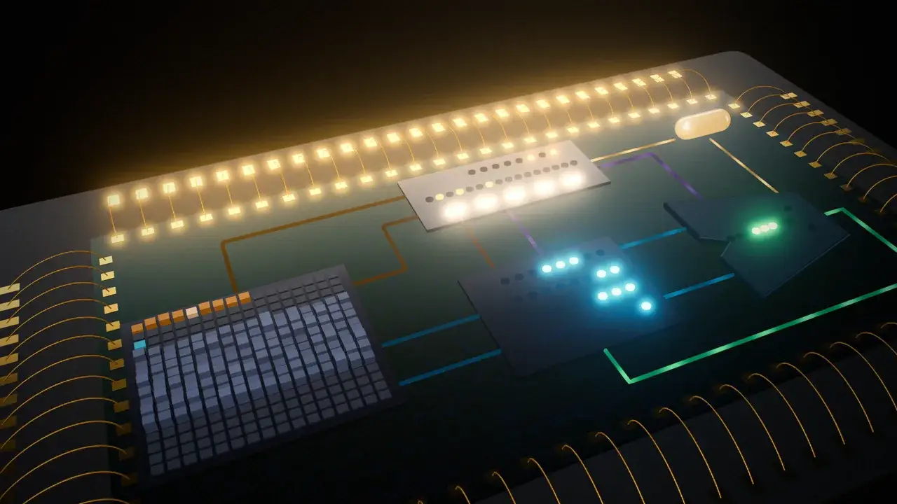 A processor die ringed with gold bond wires: memory cells, glowing register LEDs, the ALU and data buses
