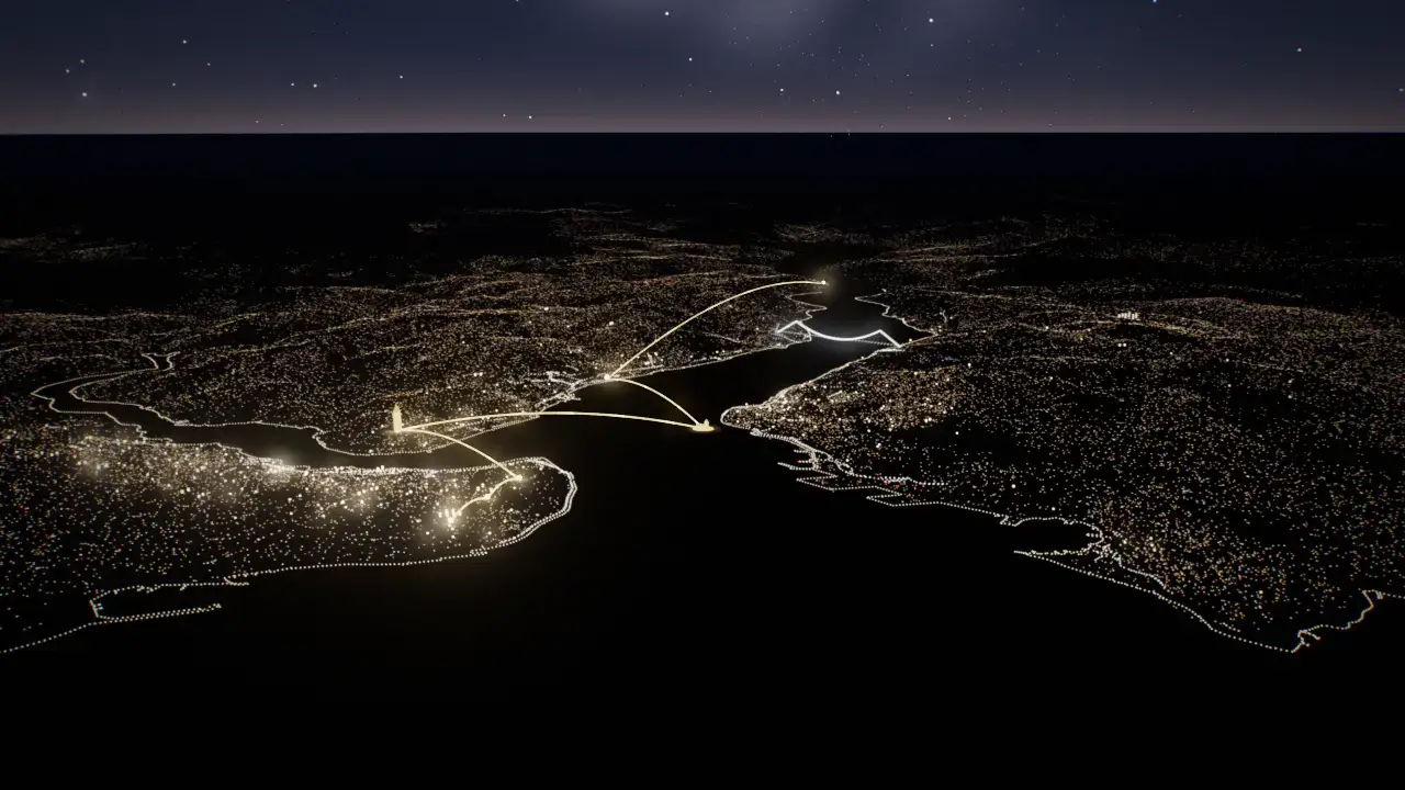 Istanbul from the air at night: strings of lights along both shores of the Bosphorus, golden arcs linking places, a starry sky on the horizon