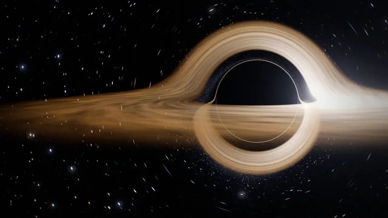 The black hole's shadow with an amber accretion disk wrapping over and under it, bent by gravity