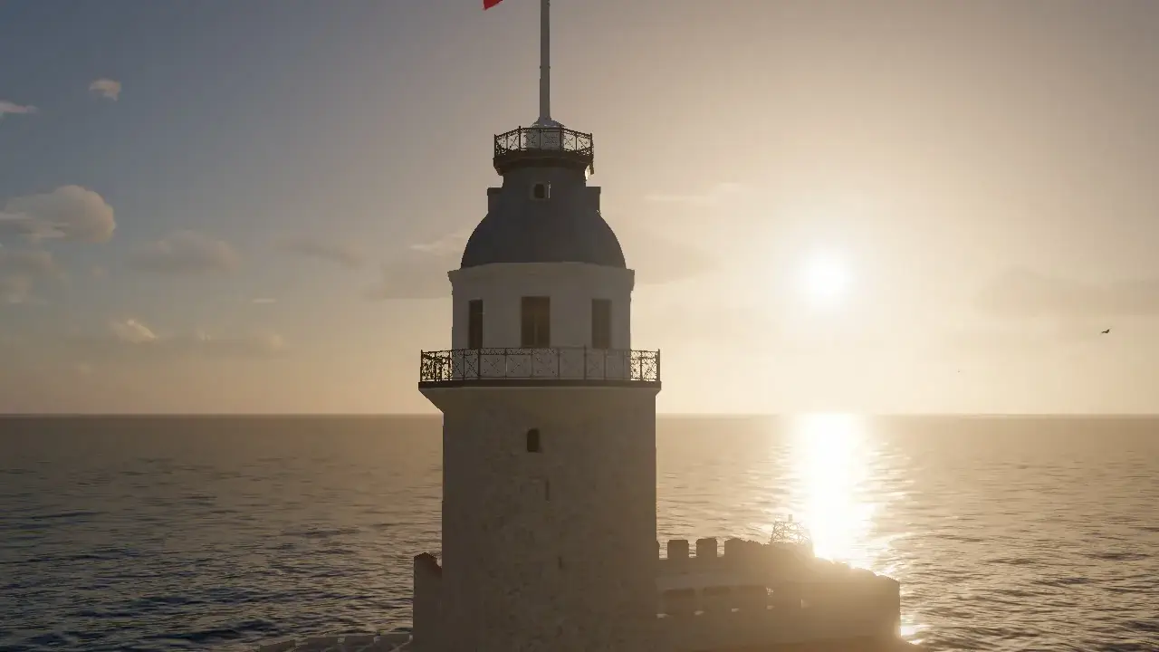 The Maiden's Tower on the Bosphorus at golden hour: lead dome, wrought-iron balcony, the low sun behind and its glitter on the water