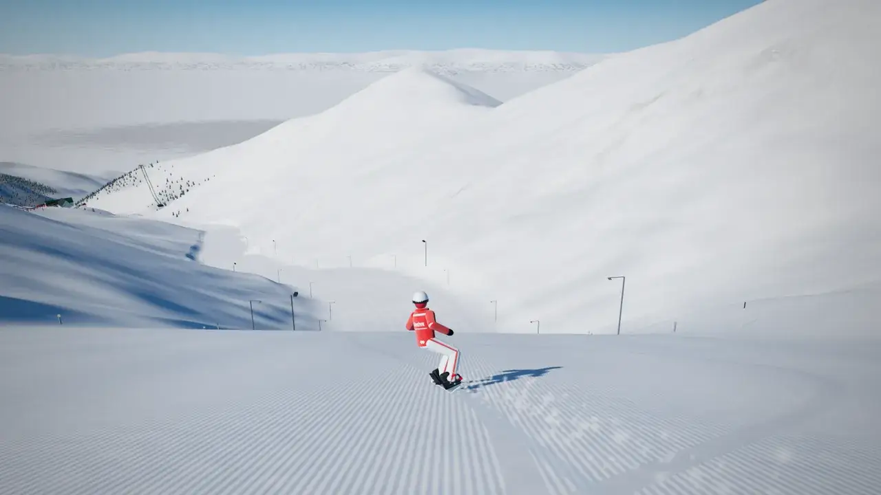 A snowboarder in a red jacket carving across a wide groomed piste, with Palandöken's snowy slopes, piste lights and a chairlift line behind