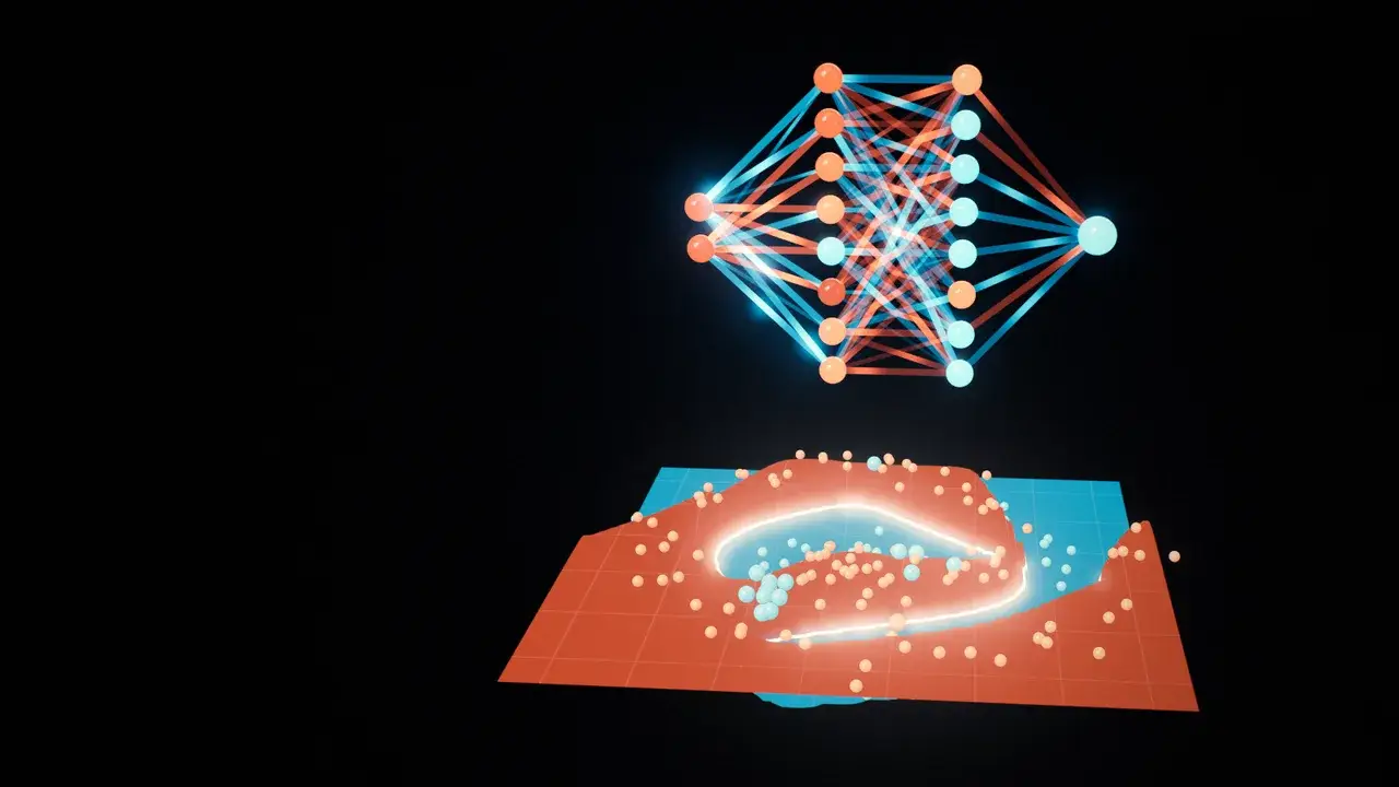 A glowing neural network above a blue and orange decision landscape whose curved boundary of light separates spiral data